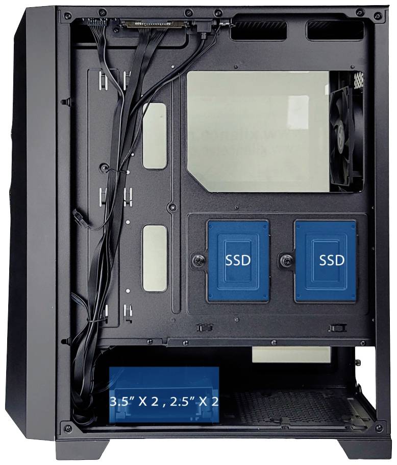 Binnenkant van een pc-behuizing, met kabels netjes weggewerkt. Twee SSD-aansluitingen zichtbaar, evenals ruimte voor twee harde schijven (3,5" x 2 of 2,5" x 2).