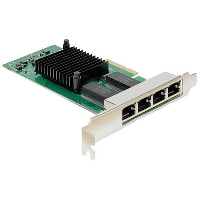 Netwerkaansluiting met vier Ethernet-poorten en een warmteafvoerlichaam aan de linkerkant, geschikt voor het verbinden van computers met een netwerk.