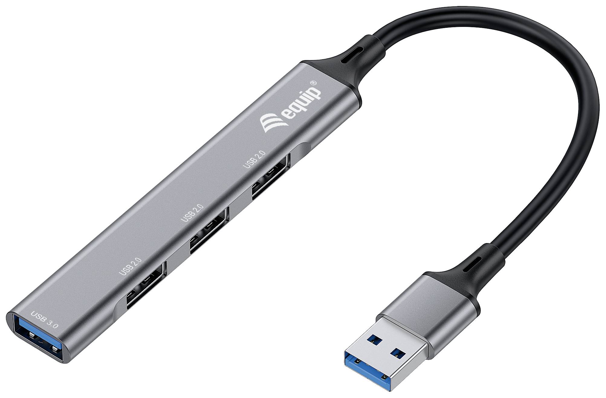 USB-hub met 4 poorten, waarvan één gemarkeerd met USB 3.0. Kabel is zwart en ongeveer 15 cm lang. Apparaat is zilverkleurig.