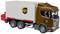 Speelgoedmodel van een bruine vrachtwagen met 'UPS'-logo. Het voertuig heeft een witte container en zes wielen.