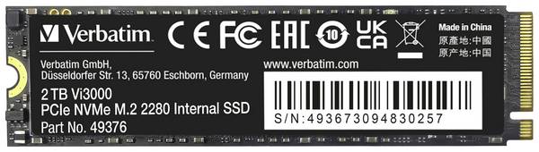 Verbatim Vi3000 2 TB NVMe/PCIe M.2 SSD 2280 harde schijf PCIe NVMe 3.0 x4 Retail 49376