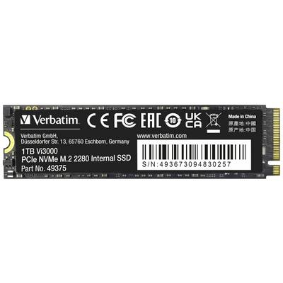 Interne SSD van Verbatim, 1 TB, PCIe NVMe M.2 2280. Model VI3000, serienummer: 4936753094830257, vervaardigd in China.
