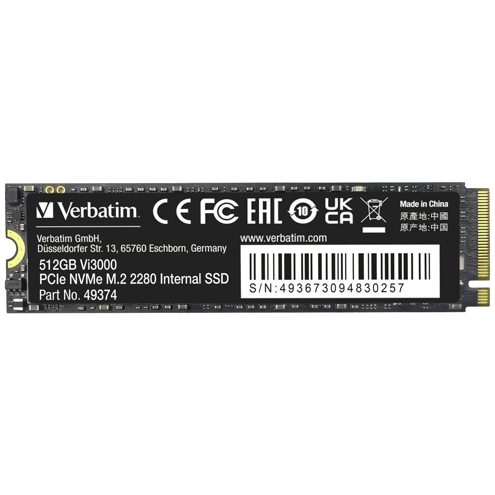 Verbatim Vi3000 512 GB NVMe/PCIe M.2 SSD 2280 harde schijf PCIe NVMe 3.0 x4 Retail 49374