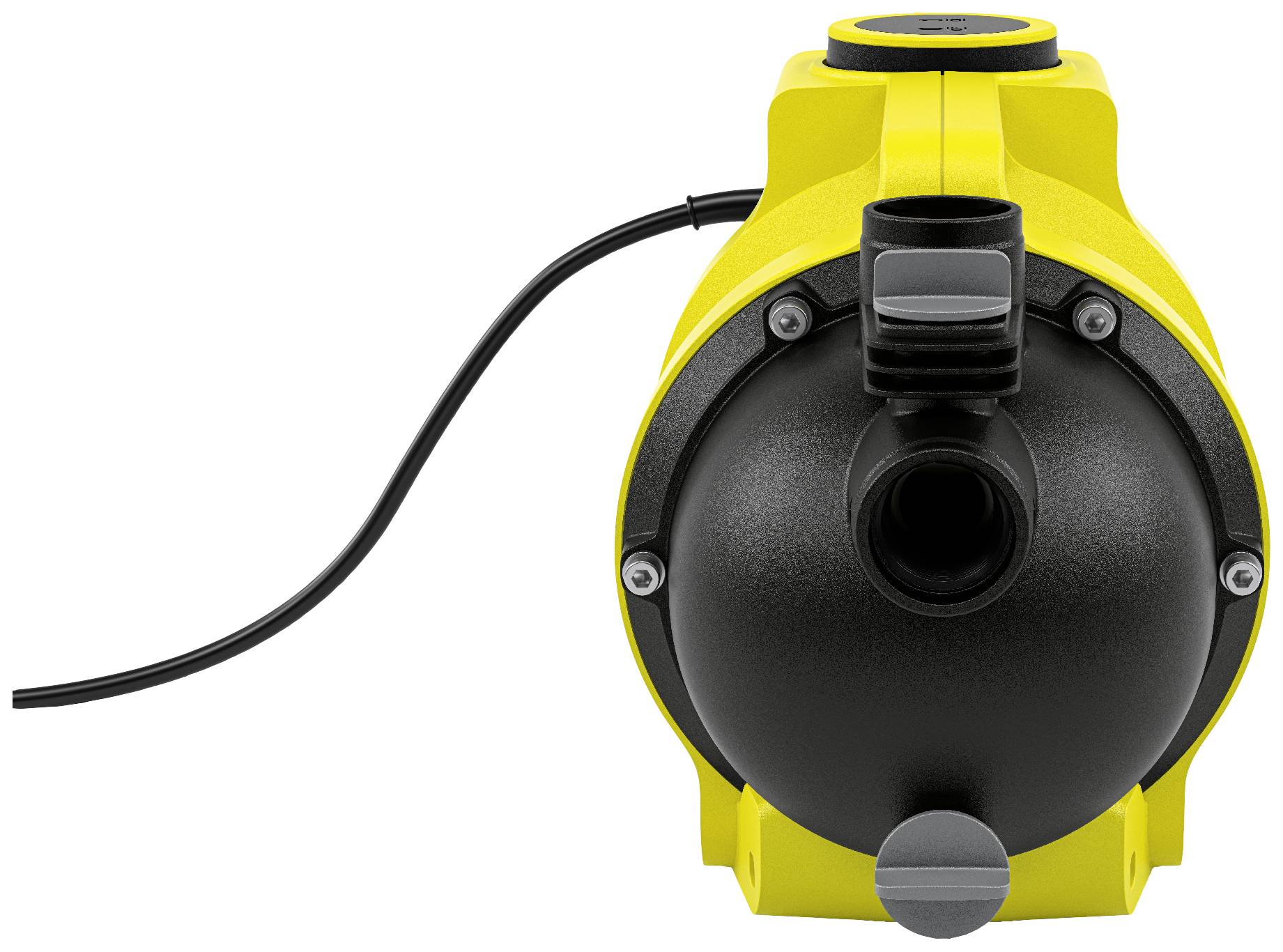 Een gele waterpomp met zwarte voorkant en kabel, geschikt voor tuin- of thuisgebruik.