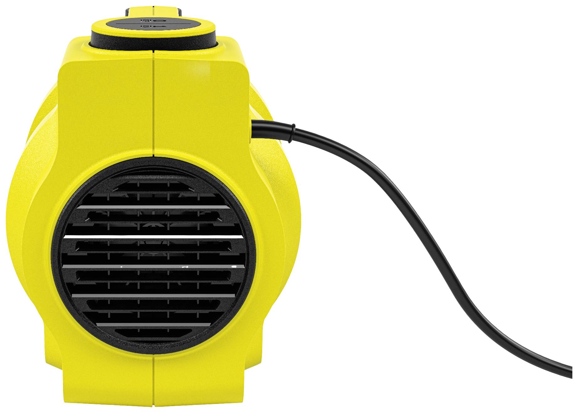 Geel blazoapparaat met zwart ventilatierooster en snoer, frontaal weergegeven.