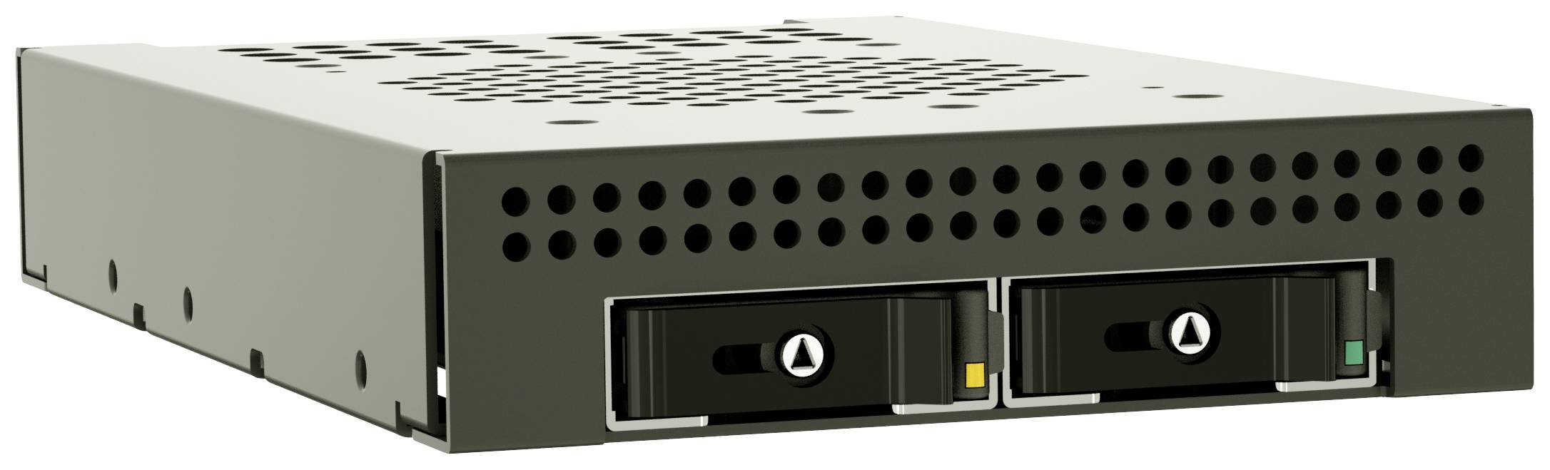 Een computerbehuizing met twee uitneembare schijfposities, geschikt voor installatie in een server of netwerksopslag.