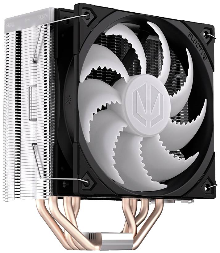 Een zwarte CPU-koeler met vijf koperen heatpipes en een grote witte ventilator voor de koeling van computerprocessors.