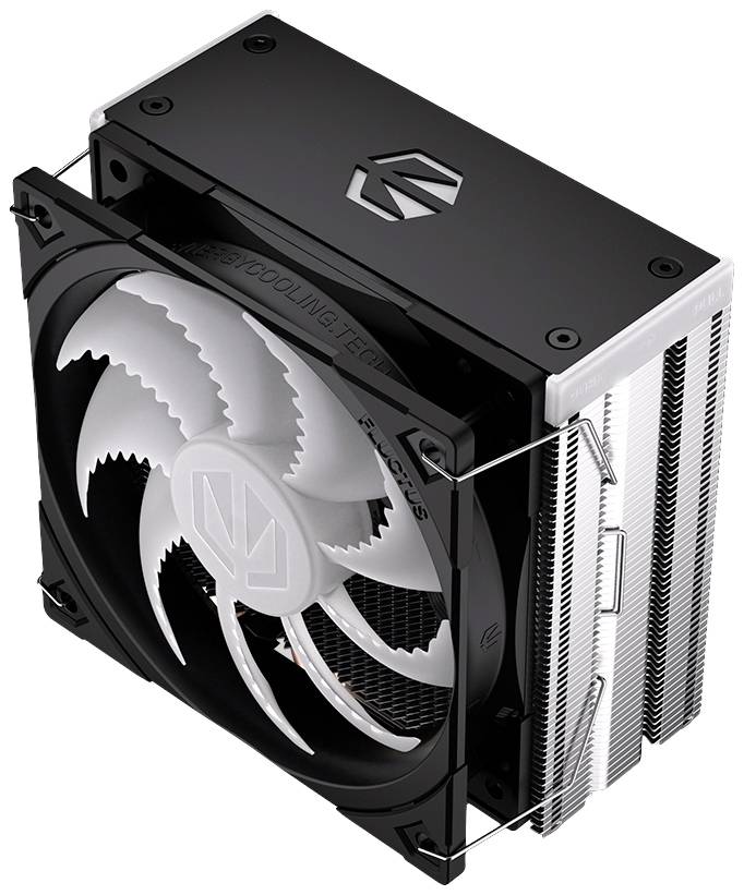 Zwarte en zilveren CPU-koeler met grote ventilator en opvallend logo, geschikt voor het koelen van computerprocessoren.