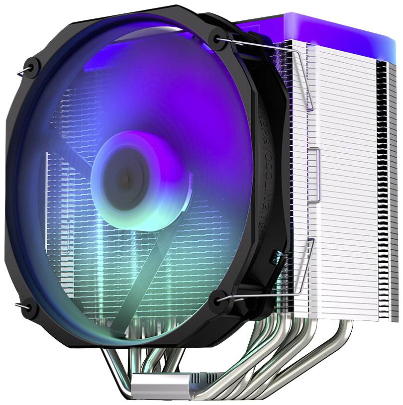 Ventilator met RGB-verlichting, gemonteerd op een computerkoellichaam. Dunne metalen lamellen en warmtegeleidingsbuizen zijn zichtbaar.