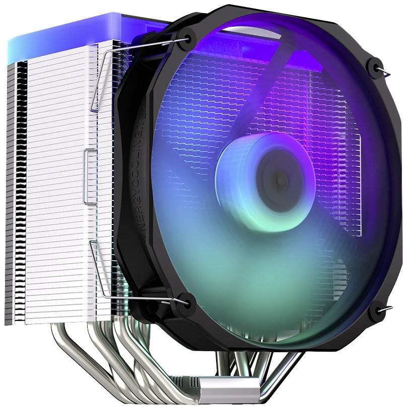 Koeler met grote ventilator, verlicht in verschillende kleuren door LED-verlichting, gemonteerd op metalen structuur met koelribben.