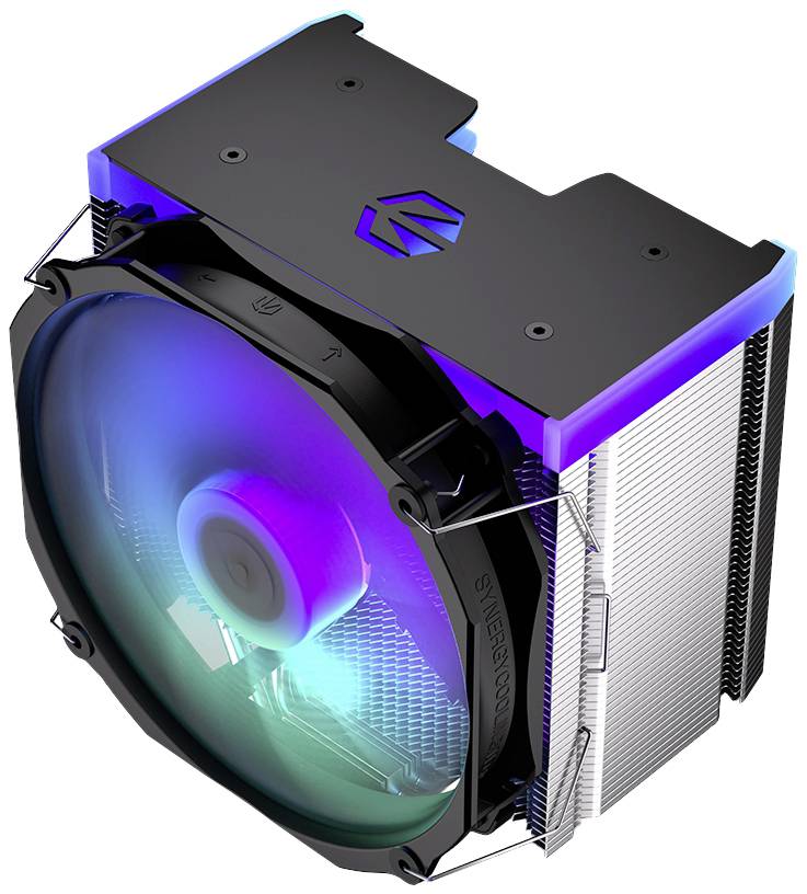 Luchtkoeler met RGB-LED's, toont een grote ventilator en koelribben, ontworpen voor computerhardware-koeling.