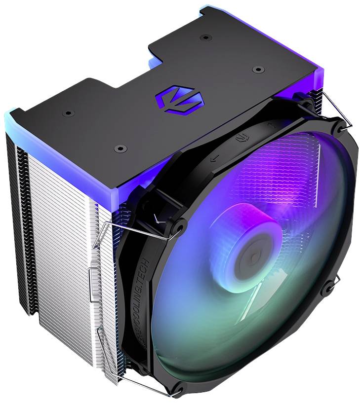 Een CPU-koeler met RGB-verlichting, zwart-zilver design en een grote ventilator voor verbeterde koelprestaties in computers.