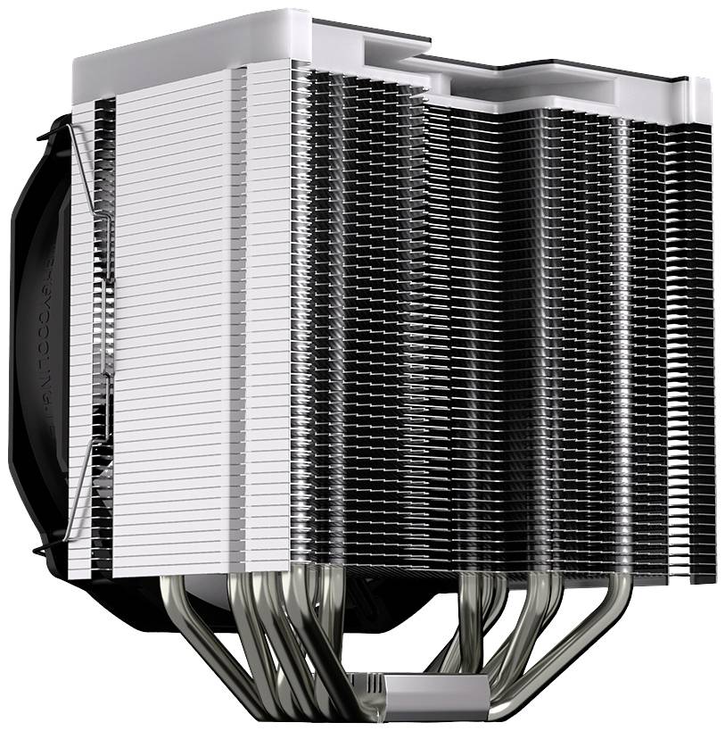 Een grote CPU-luchkoeler met meerdere aluminium lamellen en heatpipes, ontworpen voor effectieve koeling van computerprocessors.