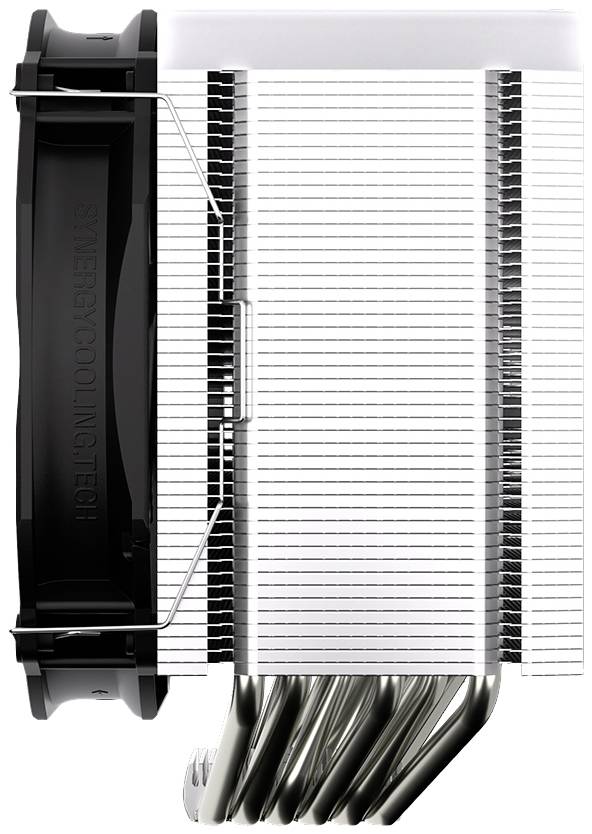 Een CPU-koeler met zwarte ventilatorbladen en zilveren koelribben; toont de constructie en het koellichaamontwerp.