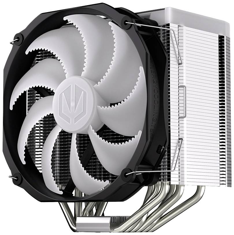 Een zilveren CPU-koeler met een grote ventilator en meerdere heatpipes, geschikt voor de koeling van computerprocessoren.