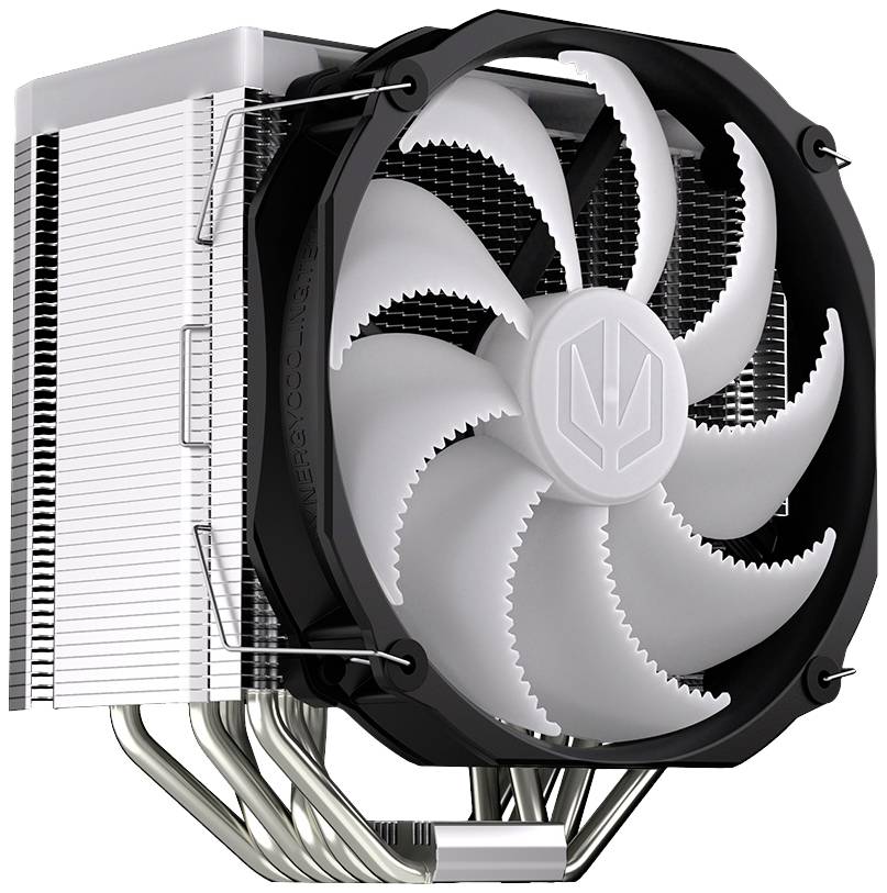 Een computer-luchkoeler met een grote, witte ventilator en een zilveren heatsink. Geschikt voor de koeling van computerprocessors.
