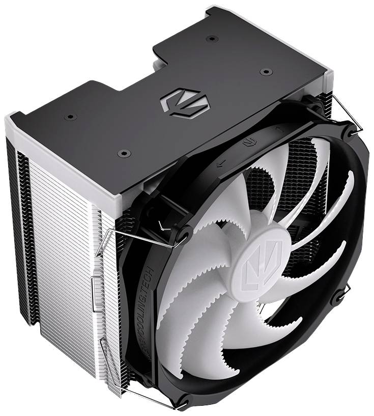 Een computer-ventilator met koelribben en een grote propeller voor het koelen van hardware, waarschijnlijk de CPU of GPU.