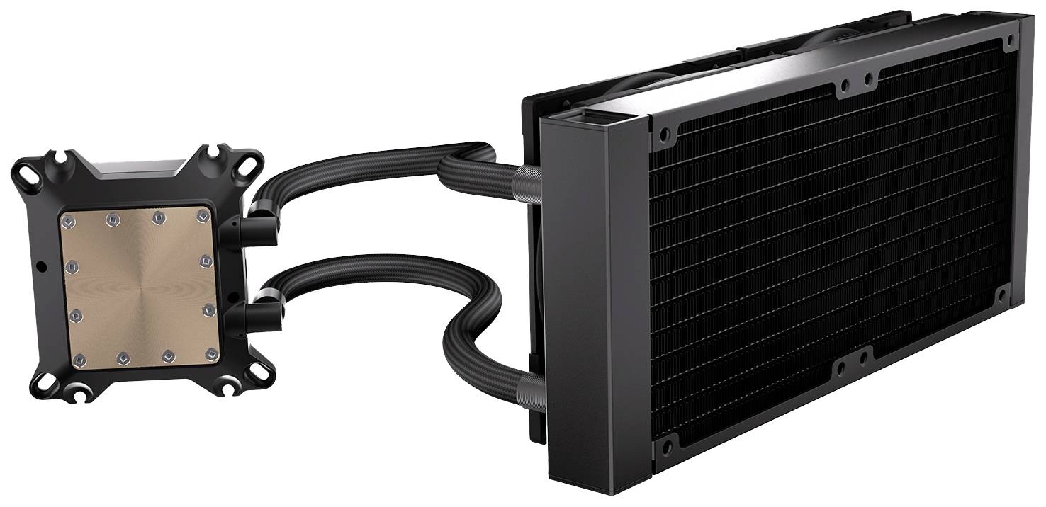Een vloeistofkoeling voor computers, bestaande uit een zwarte radiator en een koperen basis, verbonden door flexibele slangen.