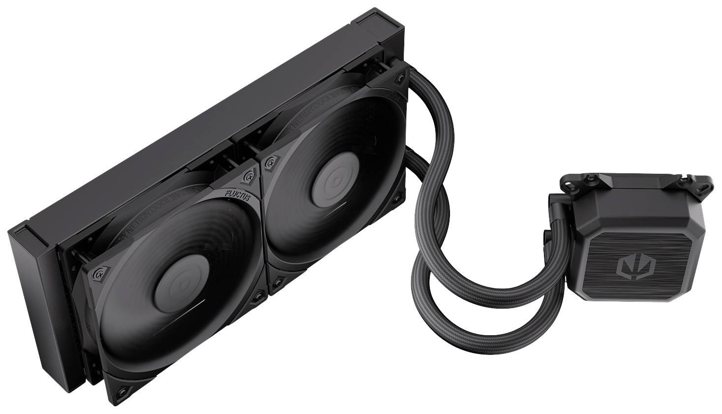 Complexe pc-koeler met twee ventilatoren en een waterpomp, geschikt voor gaming- of high-performance computers.