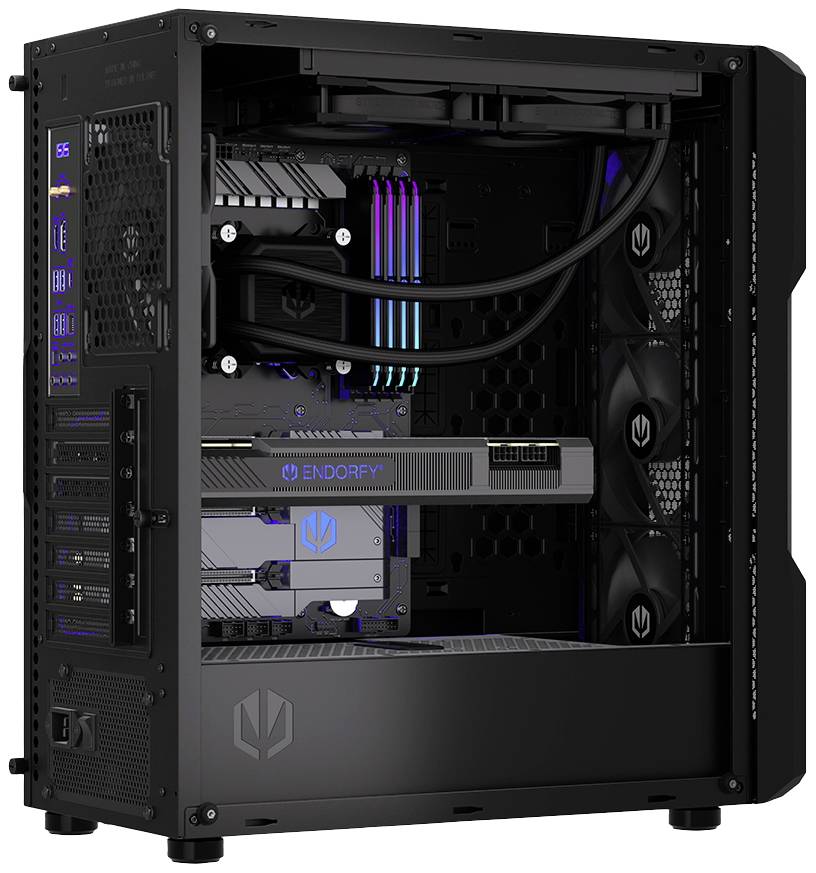Een geopende computertoren onthult interne componenten zoals ventilatoren, GPU en kabelbeheer. LED-verlichting benadrukt moderne technologie.
