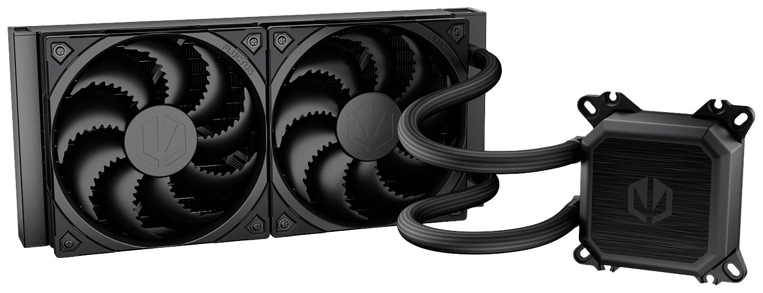 Een zwarte koelbehuizing met dubbele ventilator en aangehechte koelblok, waarschijnlijk bedoeld voor de koeling van computercomponenten.