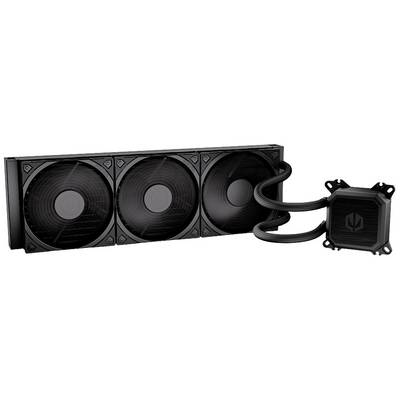 Drievoudige ventilator-waterkoelsysteem voor computers, zwart, met bijbehorende CPU-koelblok. Ideaal voor krachtige processors.