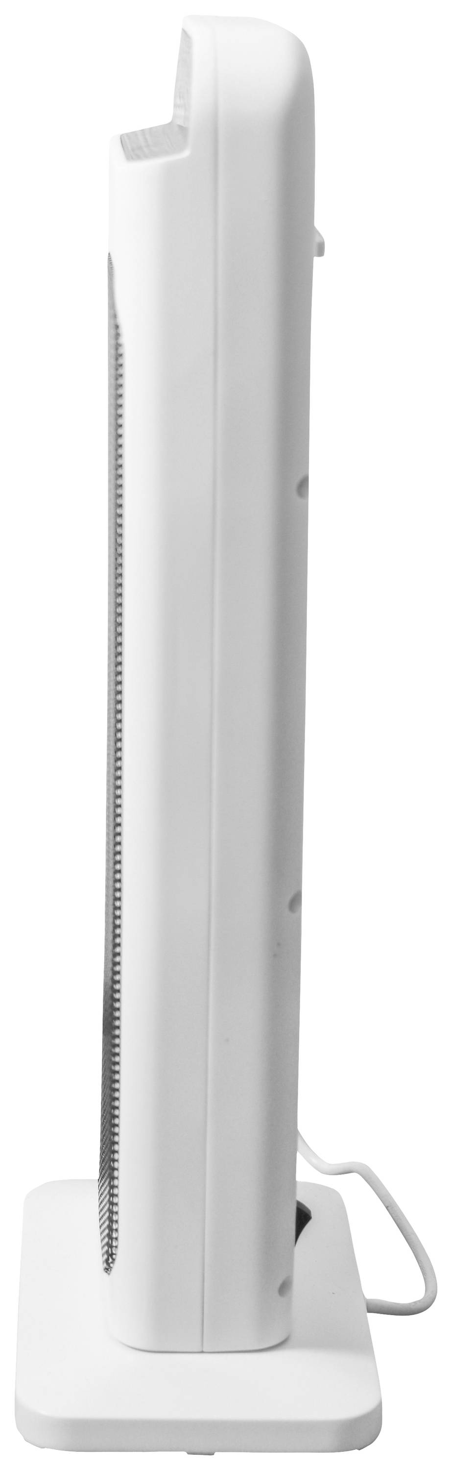 Torenventilator van wit kunststof, zijaanzicht. Het apparaat heeft een smal, verticaal ontwerp met een rooster voor de luchtstroom.