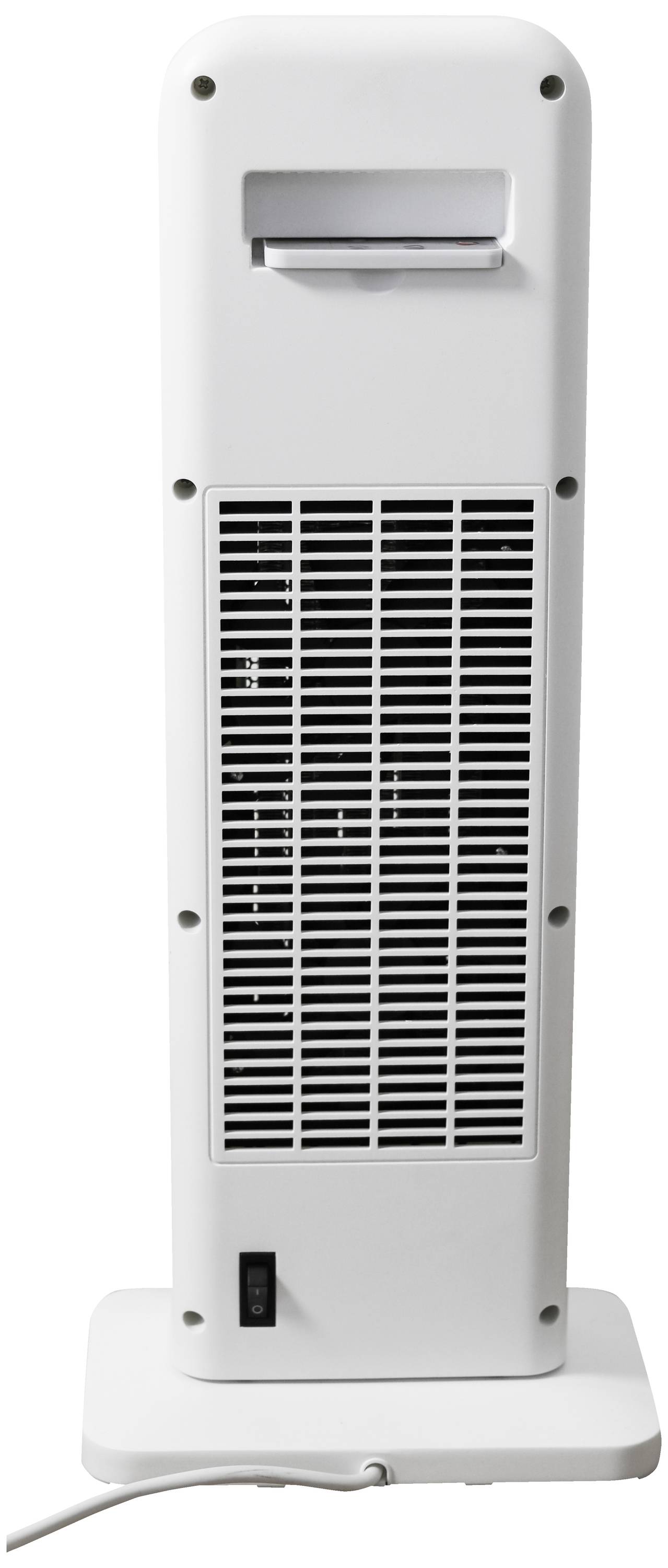 Witte torenventilator van achteren gezien met ventilatierooster, netschakelaar aan de voet en netsnoer.