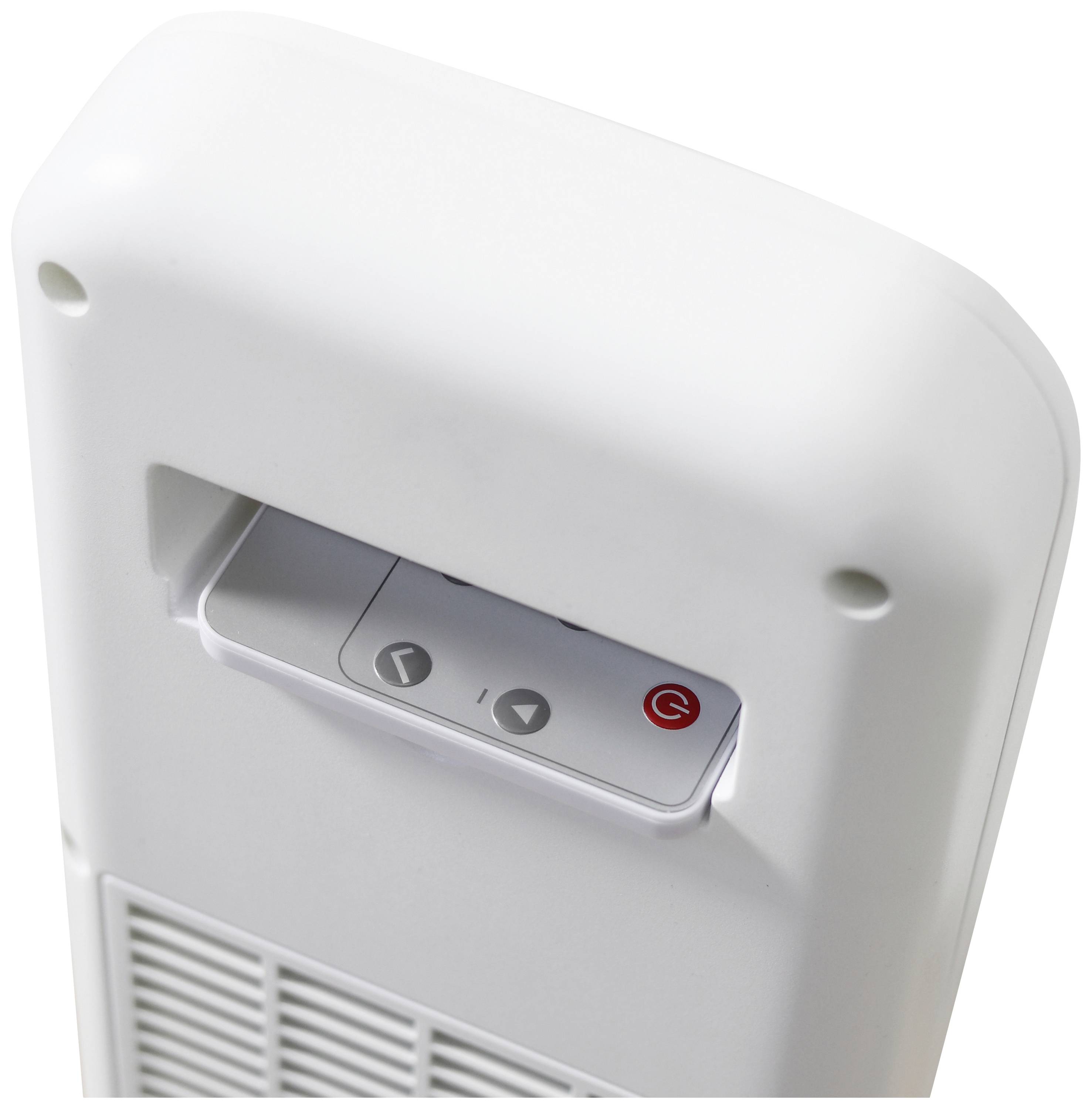 Een witte elektrische verwarmingsventilator met bedieningspaneel bovenaan. Knoppen voor aan/uit en temperatuurregeling. Achterkant met ventilatiesleuven.