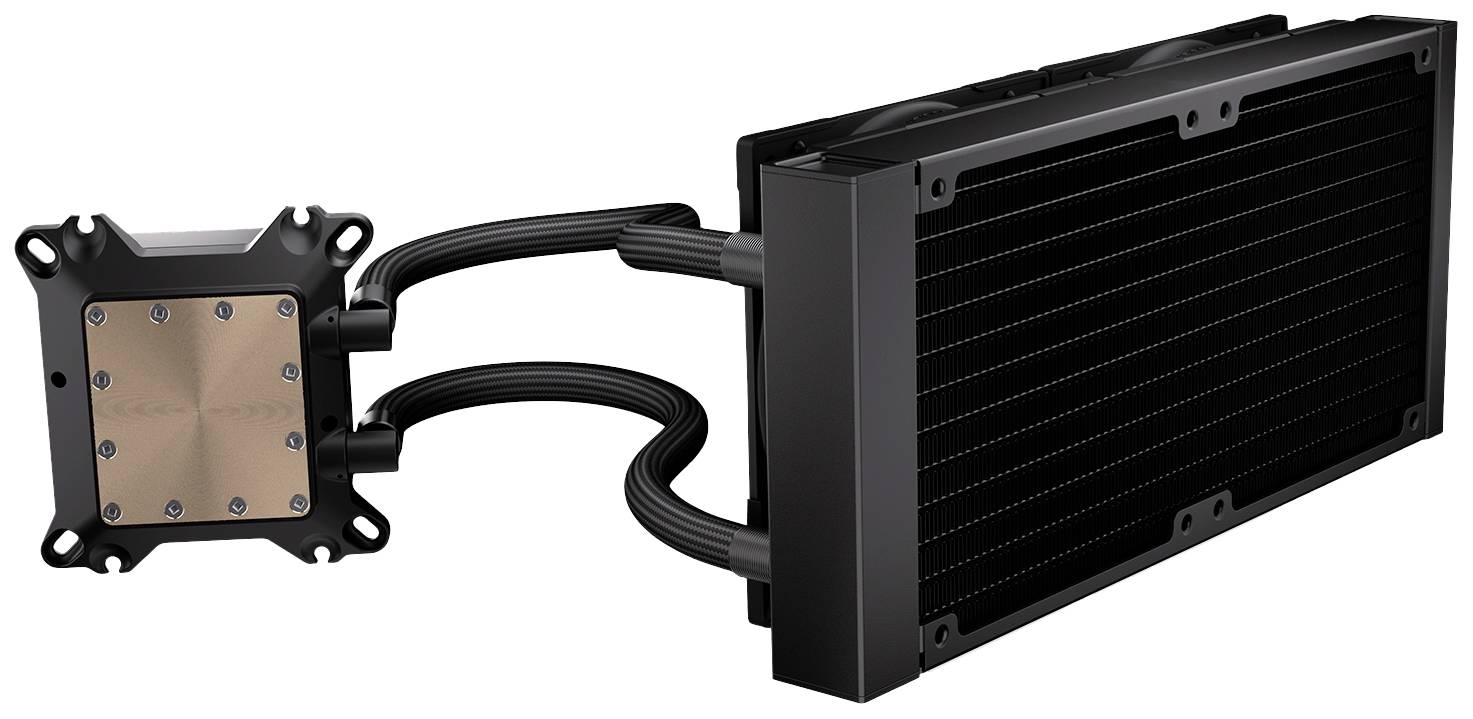 Een zwarte computer-waterkoeler met twee slangen en een koperen koelblok, gebruikt voor de koeling van computerprocessoren.