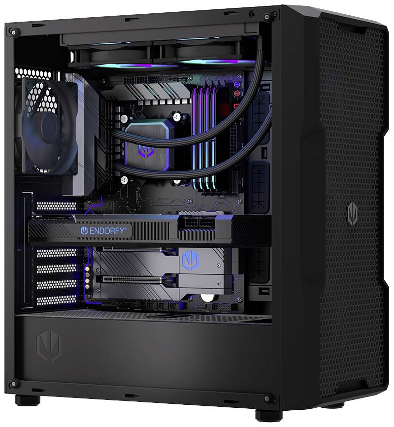 Een moderne desktopcomputer met een transparant behuizing toont interne hardware zoals een grafische kaart, ventilatoren en LED-verlichte componenten.