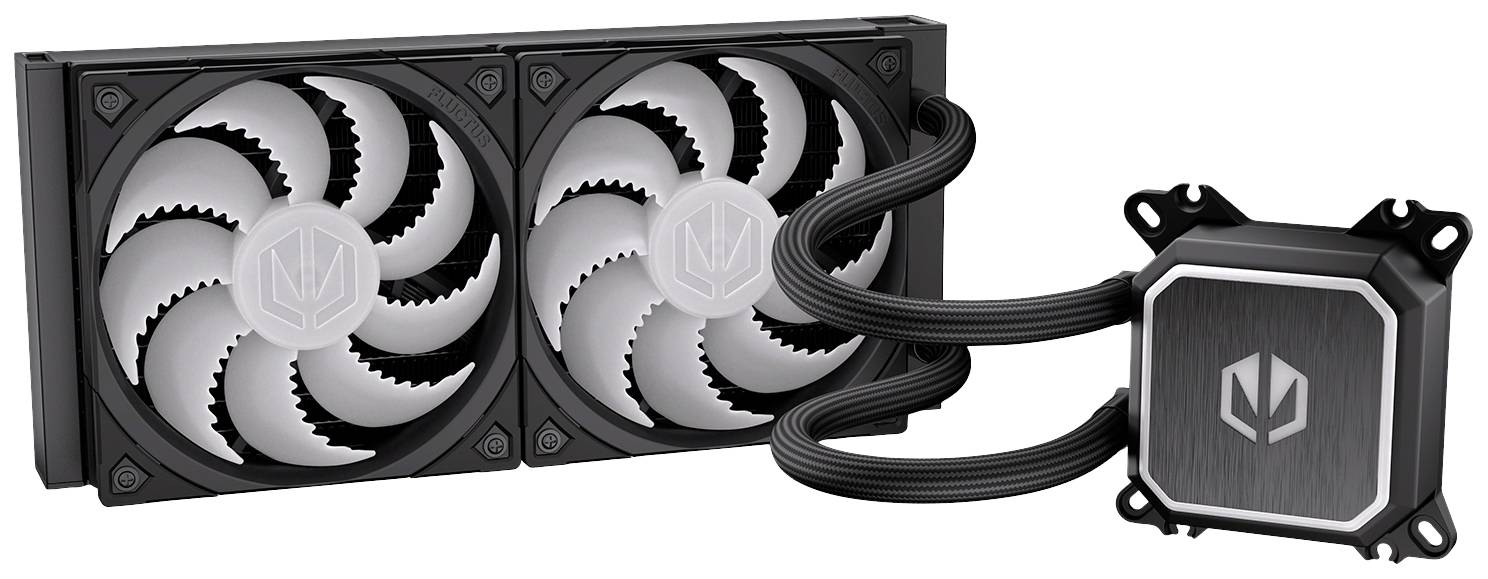 Computerkoeling met twee ventilatoren en een koelblok. Verbindingsbuizen leiden van het koelblok naar de ventilatoren.