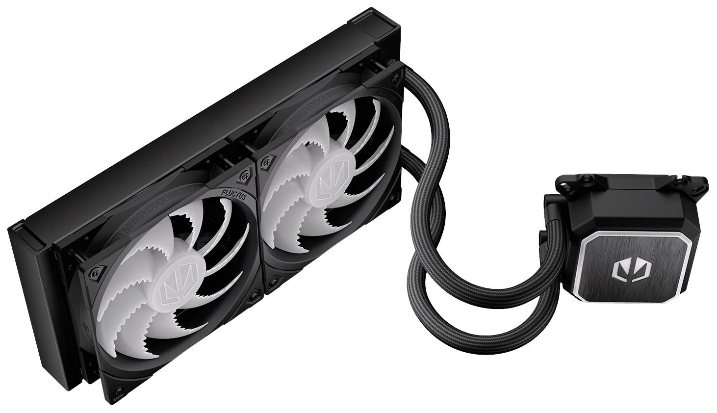 De afbeelding toont een zwarte vloeistofkoeling voor computers met twee ventilatoren en radiator, verbonden door slangen.