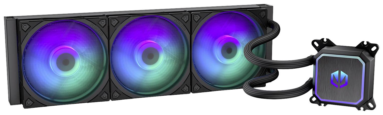 Vloeistofkoelsysteem met drie verlichte ventilatoren en een pompmodule die met slangen met elkaar zijn verbonden.