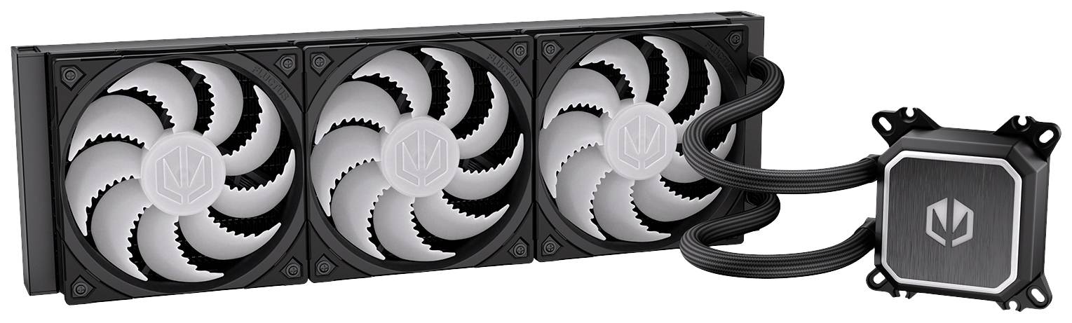 Een computer vloeistofkoeling met drie ventilatoren en een pomp; verbonden door slangen, zwarte en witte kleuren domineren.