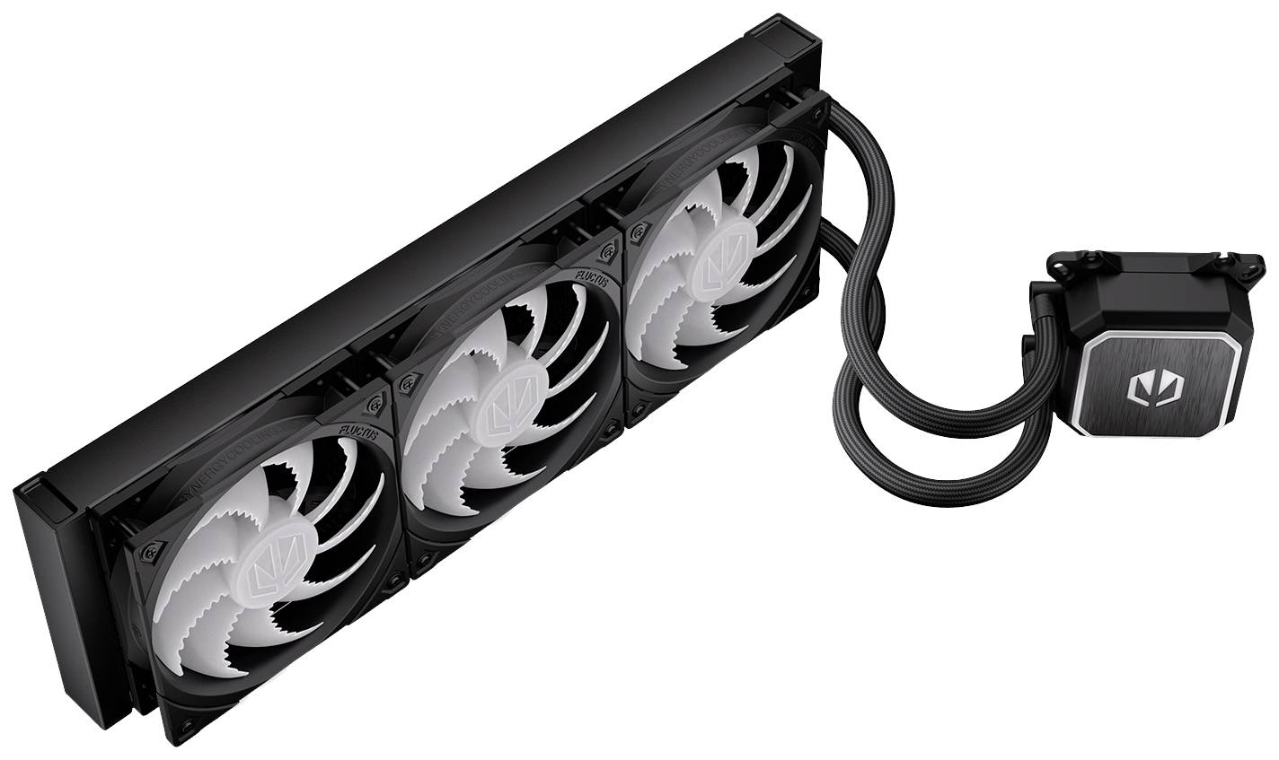 Computerkoelingssysteem met drie ventilatoren en een aangesloten pomp voor het koelen van processors in high-performance computers.