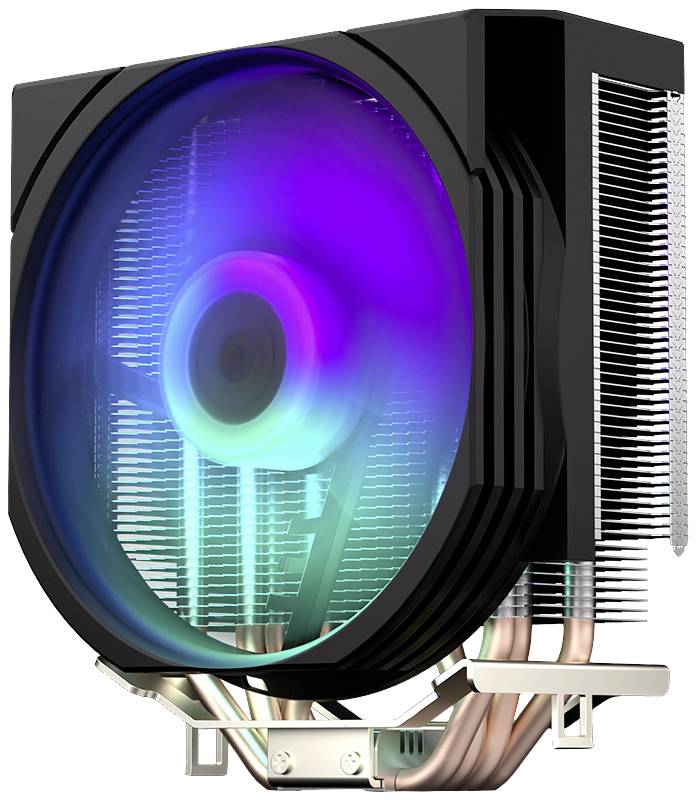 Een computer-CPU-ventilator met RGB-verlichting, voorzien van warmteafvoerbuizen om de warmte van de processor te verminderen.
