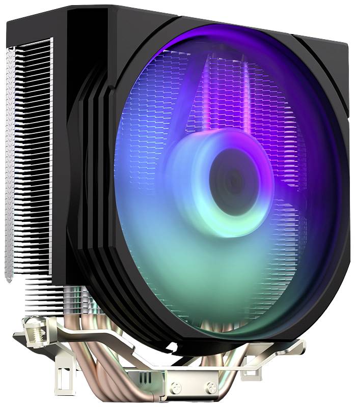 Zwarte CPU-koeler met grote warmteafvoerribben en RGB-verlichte ventilator die paars, blauw en groen oplicht. Geschikt voor computers.
