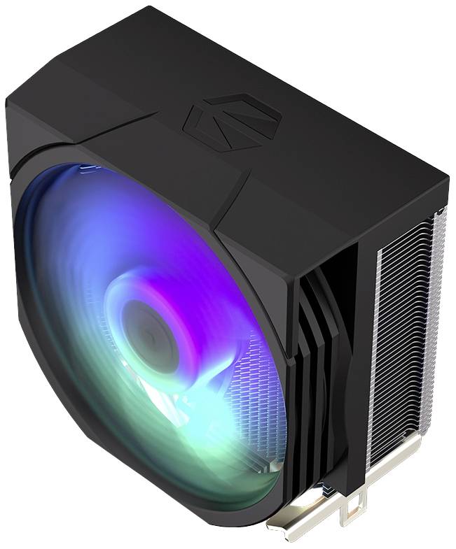 Een zwarte CPU-koeler met een oplichtende, meerkleurige LED-ventilator, die wordt gebruikt voor koeling in computers.