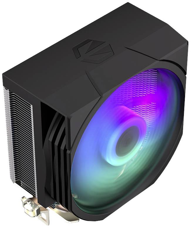 Een computerprocessorkoeler met RGB-verlichte ventilator vertoont kleurrijke lichten en is voorzien van koelribben.
