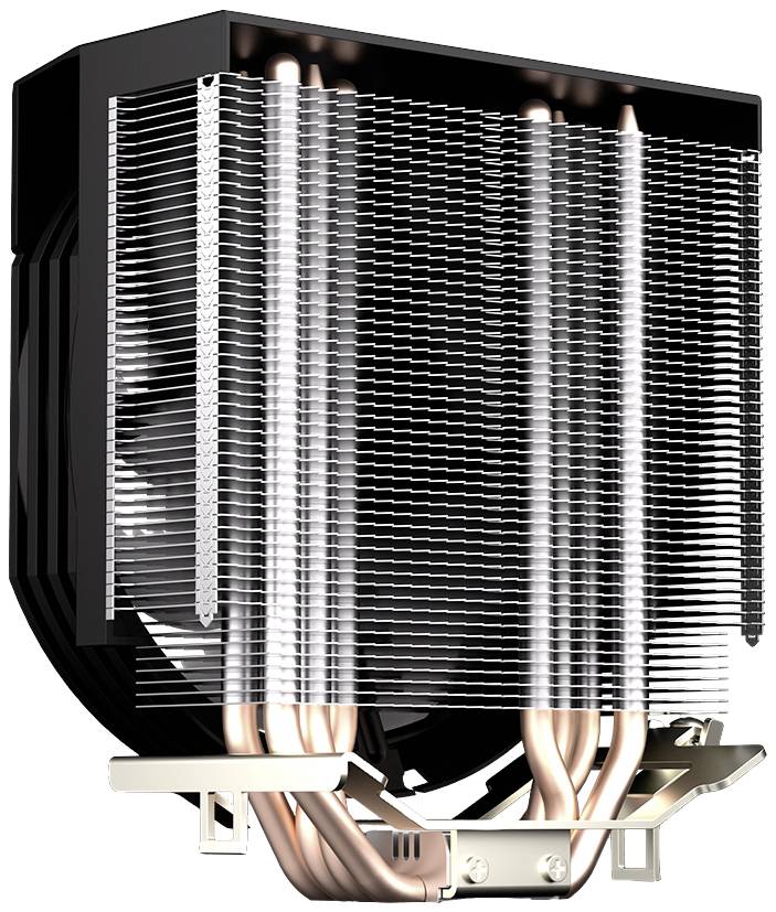 Een grote CPU-koeler met meerdere koperen heatpipes en aluminium lamellen voor warmteafvoer. Geschikt voor high-performance systemen.