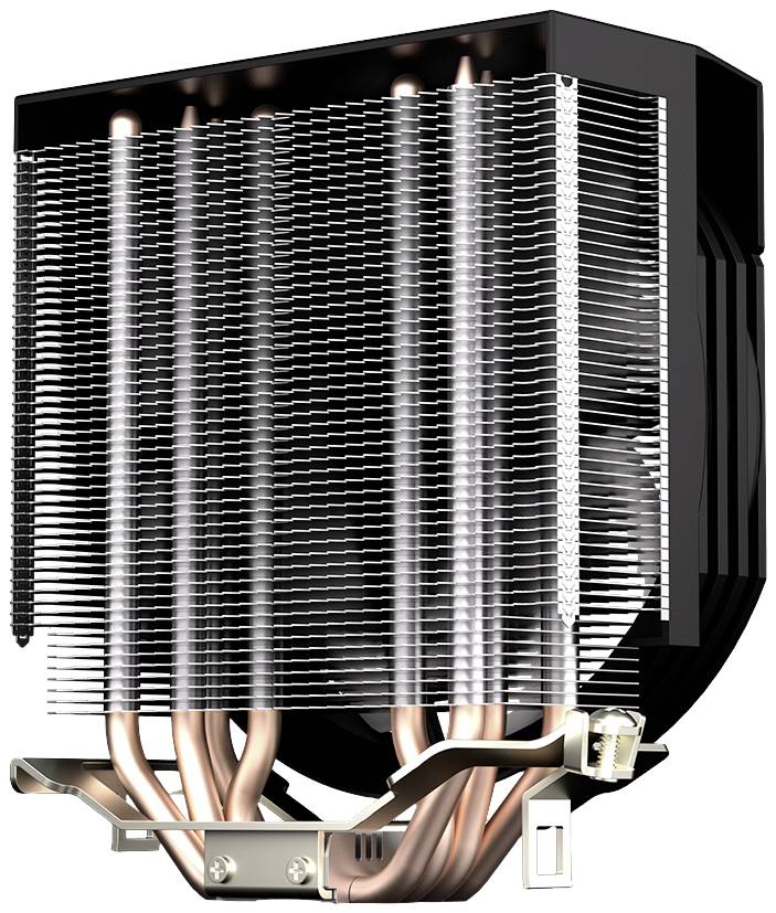 Een CPU-koeler met meerdere koperen heatpipes en aluminium lamellen die warmte afgeven. Ventilator niet zichtbaar, zijaanzicht.