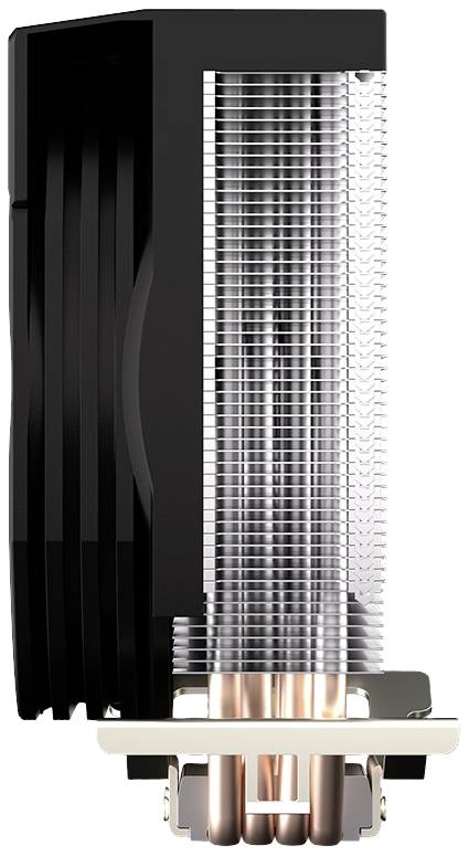 Warmteafvoerlichaam met meerdere fijne metalen lamellen en koperen buizen, zijaanzicht. Wordt gebruikt voor warmteafvoer in computers.