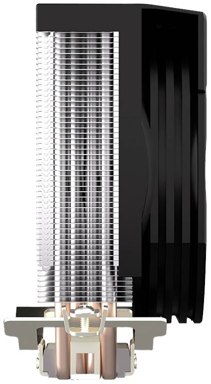 Metalen CPU-koeler met zwarte koelvinnen en koperen basis. Ontworpen voor warmteafvoer, geschikt voor computerbehuizingen.