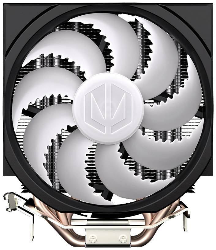 Een zwarte CPU-koeler met witte ventilatorbladen en koperen heatpipes, die dient voor de koeling van computerprocessors.