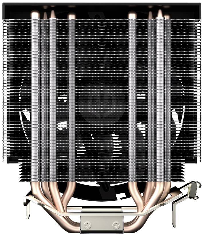 CPU-koeler met meerdere koperen heatpipes en een grote aluminium warmteafvoer, die zorgt voor een betere warmteoverdracht.