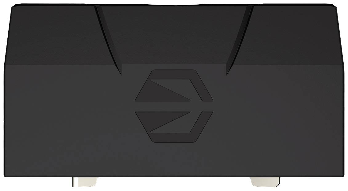 Zwart rechthoekig object met een gestileerd logo in het midden dat lijkt op een lettervorm.