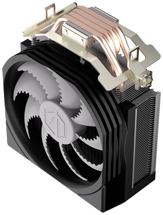 Koeler met zwarte ventilatorbladen en koperen heatpipes voor de koeling van computerprocessoren, zijaanzicht.
