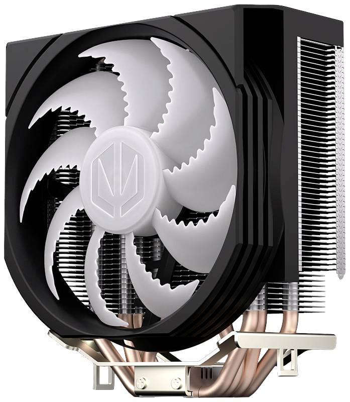 Zwarte computer-CPU-koeler met een grote witte ventilator en zichtbare koper warmtepijpen voor warmteafvoer.