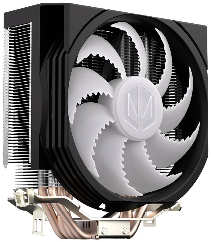 Zwarte CPU-koeler met grote, witte ventilatorbladen en koperen heatpipes. Ontworpen voor de koeling van computerprocessors.